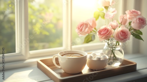 Wallpaper Mural Windowside Coffee with Marshmallows and Pink Roses in Vase on Wooden Tray Torontodigital.ca