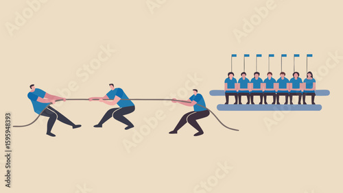 Illustration of a tug of war game with two teams pulling a rope against each other with flags above team