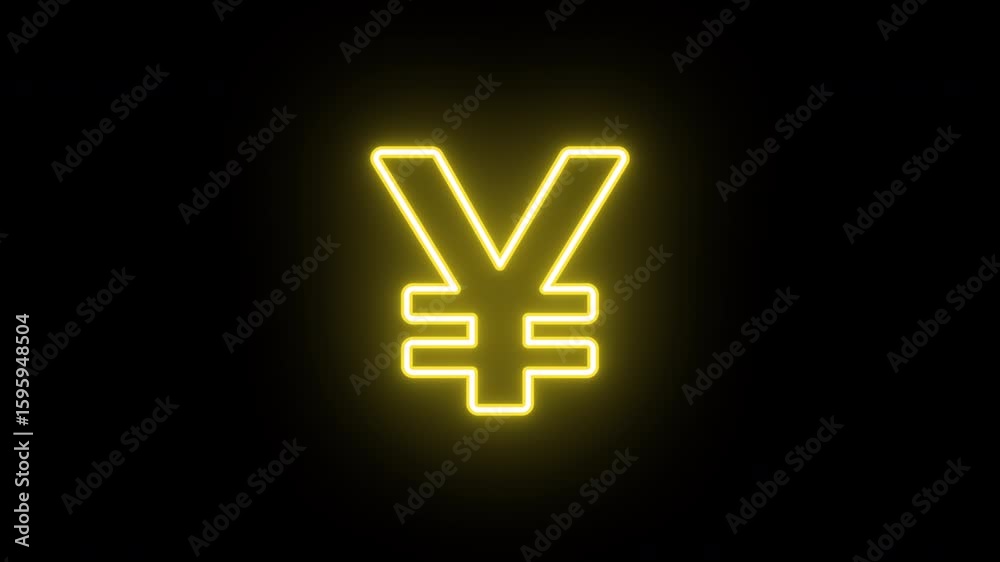 Neon yuan icon animation, uniform rotation with color blink. Glowing neon 3D yen money icon, looped spin with blink. Yuan currency sign, Chinese money, bank business, investments. 4 colors