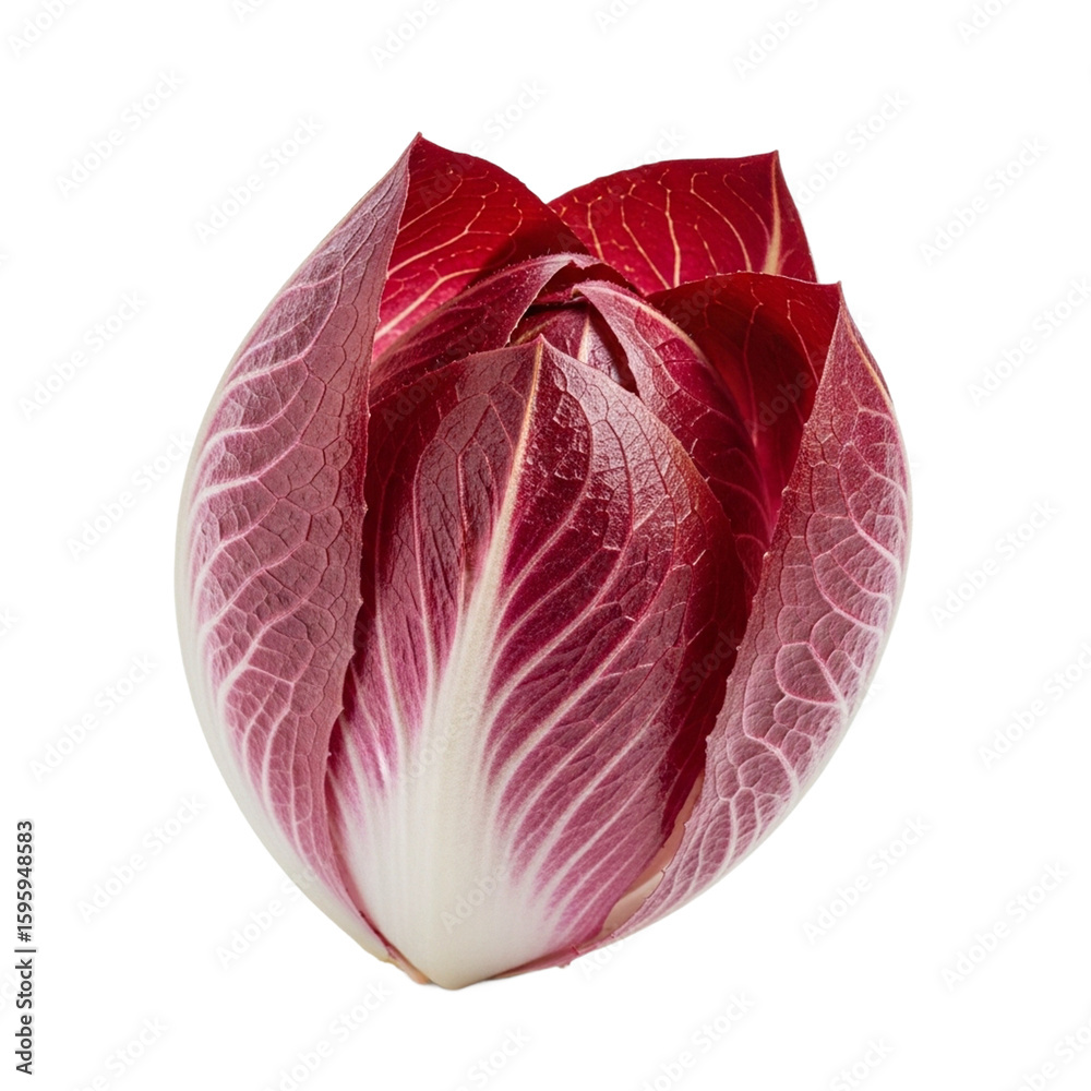 Obraz premium Single fresh radicchio head with vibrant deep red leaves and prominent white veins forming a tight pointed bulb. PNG Transparent