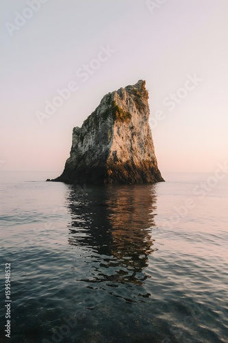 Rocky Island with Green Moss in Calm Sea at Sunset
