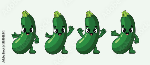 Four happy cartoon zucchini characters dancing together