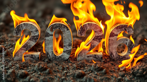 Flames consume the numbers 2026, representing a year of significant challenges.