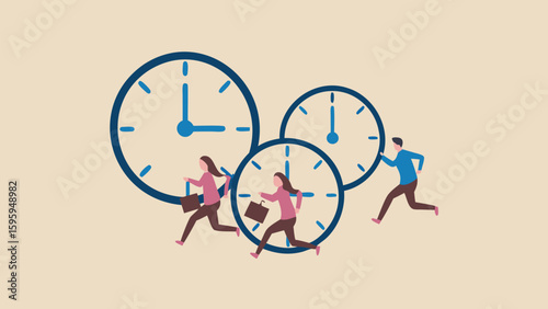 People running with briefcases around clocks indicating time pressure and deadlines concept idea