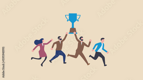 Team celebrating victory by running and holding up a trophy cup in a flat vector illustration style