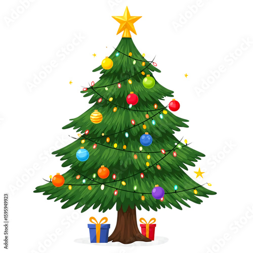 A beautifully decorated christmas tree with colorful ornaments and twinkling lights isolated on transparent background