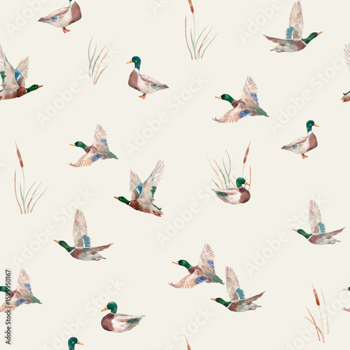 Watercolor flying and swimming ducks seamless pattern. Nature-inspired mallards with reeds for nursery wallpaper and textile design