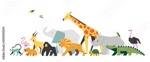 Safari animals illustration geometric African wildlife in cartoon style on white background. Includes giraffe, elephant, lion, rhino, crocodile, flamingo, gorilla, ostrich, lemur, and more. Perfect