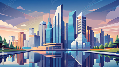 Tall modern buildings stretch along the edge of a quiet city lake, their mirrored reflections glimmering on the water's surface as the sunlight enhances the sleek lines of urban design.