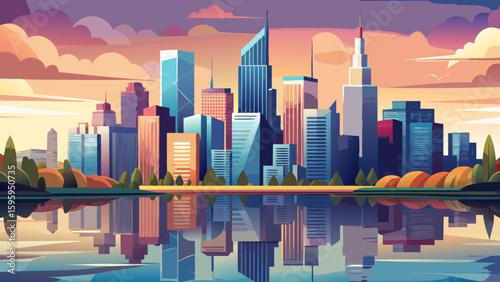A scenic urban view where the silhouettes of towering skyscrapers are reflected in the gentle ripples of a city lake during early morning light, blending serenity with structural grandeur