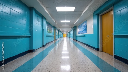 Empty school hallway with bright blue walls and yellow doors.