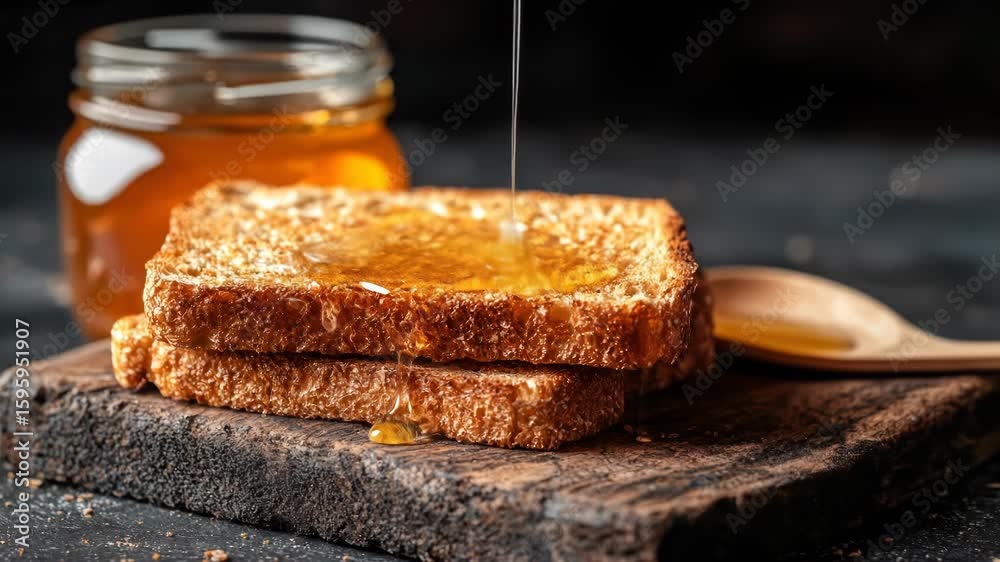 Golden honey drips onto toasted bread slices, resting on a wooden board. A jar and honey dipper are nearby, with a rustic backdrop