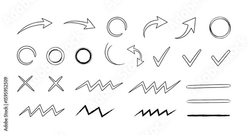 Collection of simple black line graphic design elements, including arrows, circles, checkmarks, crosses, and wavy lines.