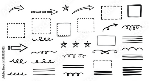 A collection of hand-drawn black and white graphic elements, including arrows, boxes, and decorative lines.