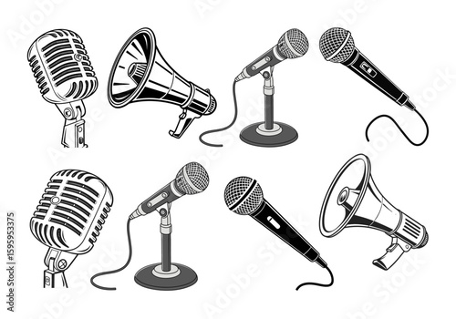 retro microphone vector illustration Vintage black and white microphone vector illustration – classic retro mic for podcast, music, radio, live performance, and audio recording, minimal line art style