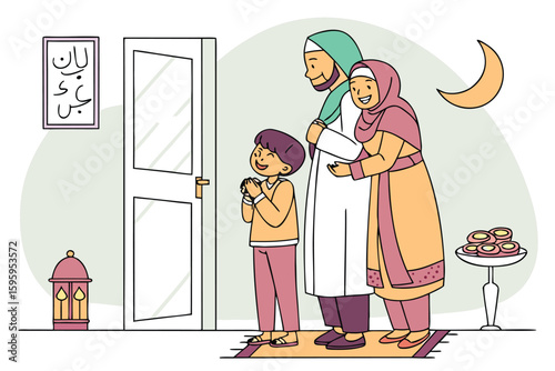 Happy Muslim parents and children in festive clothes sharing a hug near prayer rug on Eid morning with soft ligh,