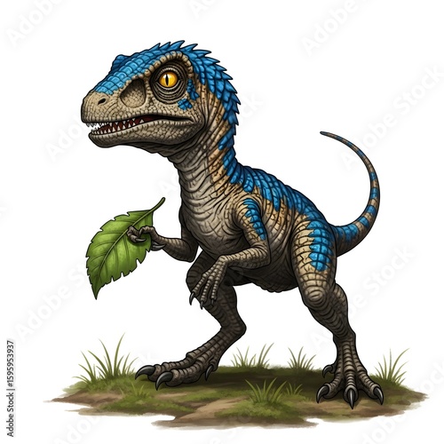 Cute, stylized illustration of a baby dinosaur holding a leaf.