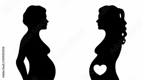Two pregnant women silhouettes facing each other with one having a heart shape on her belly area