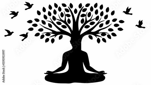 Silhouette of a meditating person with a tree growing from their head and birds flying around them