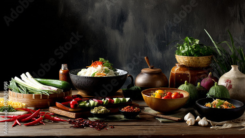 Colorful Assortment of Fresh Vegetables and Ingredients on Rustic Wooden Table
