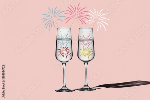 Celebratory toast with clear glasses adorned with fireworks design