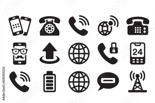 Set of Phone, Battery, and Communication Icons in Black and White