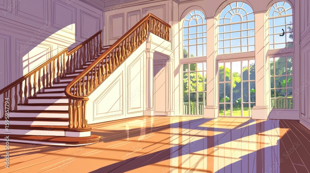 Fototapeta premium Grand hall with a grand staircase bathed in sunlight.