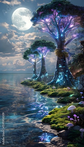 Fantasy Forest with Glowing Trees and Reflections Under Moonlight Sky
