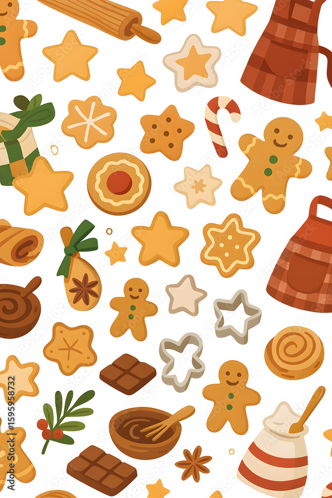Fototapeta premium Christmas Cookie Baking Seamless Pattern – Gingerbread, Star Cookies, and Holiday Treats