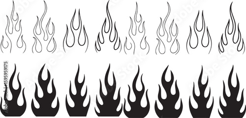  silhouette flame. Black fire set isolated on white background. Old school tattoo neo-tribal style or silhouette flame for cars. Minimalistic stylish fire outline and filled contour