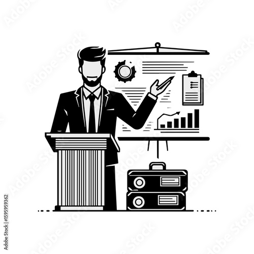 A manager presenting with an extended hand on with white background