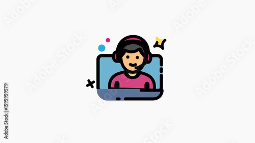 Flat style animated icon of a customer service agent wearing a headset, appearing on a laptop screen. Perfect for apps, websites, help desks, or explainer videos related to communication and support.