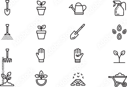Gardening Vector Icon Set Adjustable Line Weight Shovel, watering can, plant pot, sprayer, seeds, rake, gloves, soil, wheelbarrow