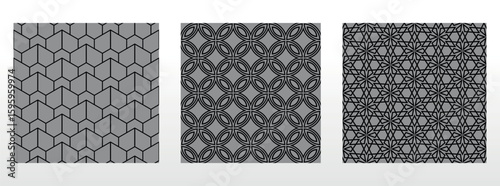 Geometric set of seamless black and gray patterns. Simple vector graphics