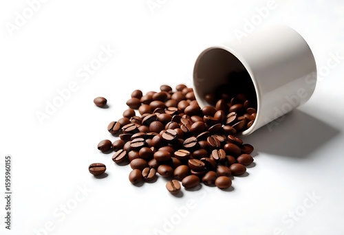 Generative AI image: Coffee beans spilling from a cup with a white background on display