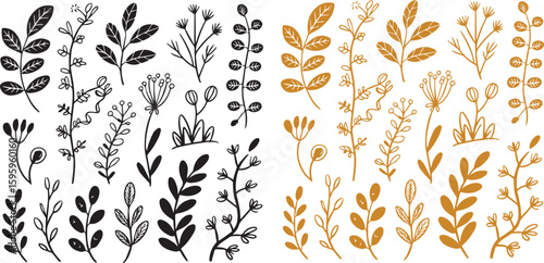 botanical doodles vector set in black and white. Includes leaves, stems, buds, tiny flower heads, ferns, and climbing vines.
