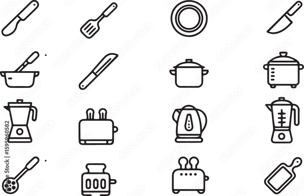 Fototapeta premium Kitchen Tools Vector Icon Set Adjustable Line Weight Knife, spatula, pan, pot, blender, kettle, toaster, cutting board.e