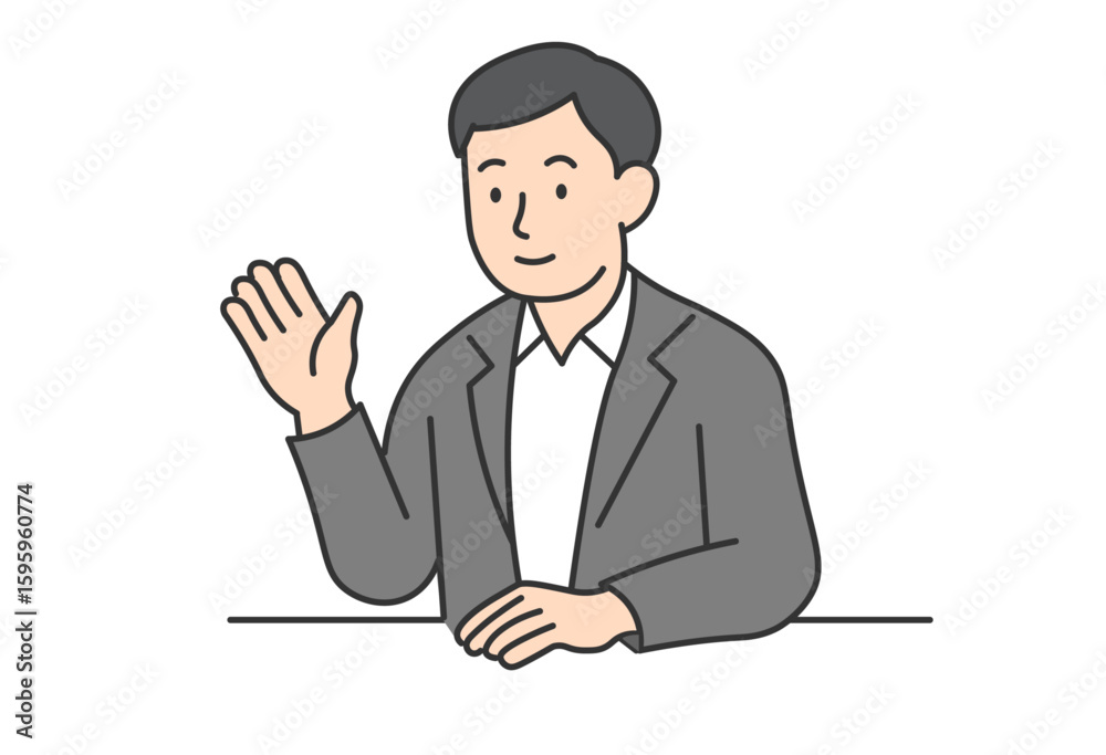 Obraz premium Smiling Businessman Waving Hand Illustration An illustration of a businessman in a gray suit waving his hand with a smile. Useful for presentations, online meetings, introductions, and business-relate