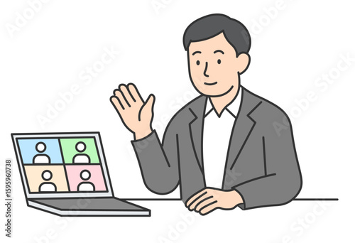 Businessman in Online Video Meeting

An illustration of a businessman wearing a suit, waving his hand while participating in an online video meeting on a laptop. Useful for telework, remote meetings, 