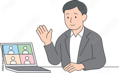 Businessman in Online Video Meeting

An illustration of a businessman wearing a suit, waving his hand while participating in an online video meeting on a laptop. Useful for telework, remote meetings, 