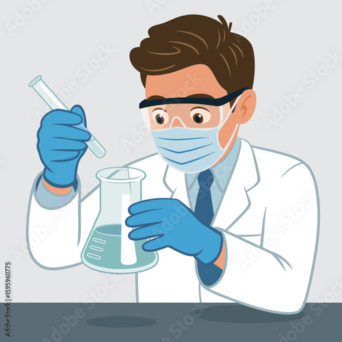 Scientist in lab coat performing chemical experiment with beaker and flask