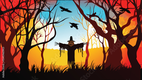 A scarecrow stands in a field surrounded by trees with crows flying in the sky during sunset time