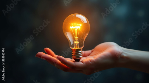 A human hand presenting a brilliant, glowing orange light bulb against a dark, blurred background, symbolizing a new idea, innovation, or inspiration