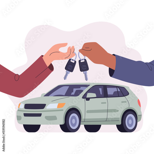 Hands exchanging car keys over a new vehicle purchase