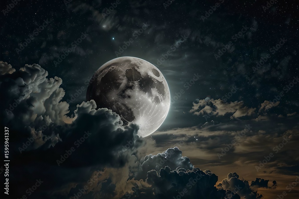 Fototapeta premium Luminous Full Moon Peeking Through Dramatic Night Clouds with Scattered Stars