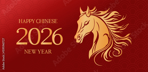 Colorful greeting card or banner. Chinese New Year of the horse 2026. Golden fire horse head on red gradient background. 