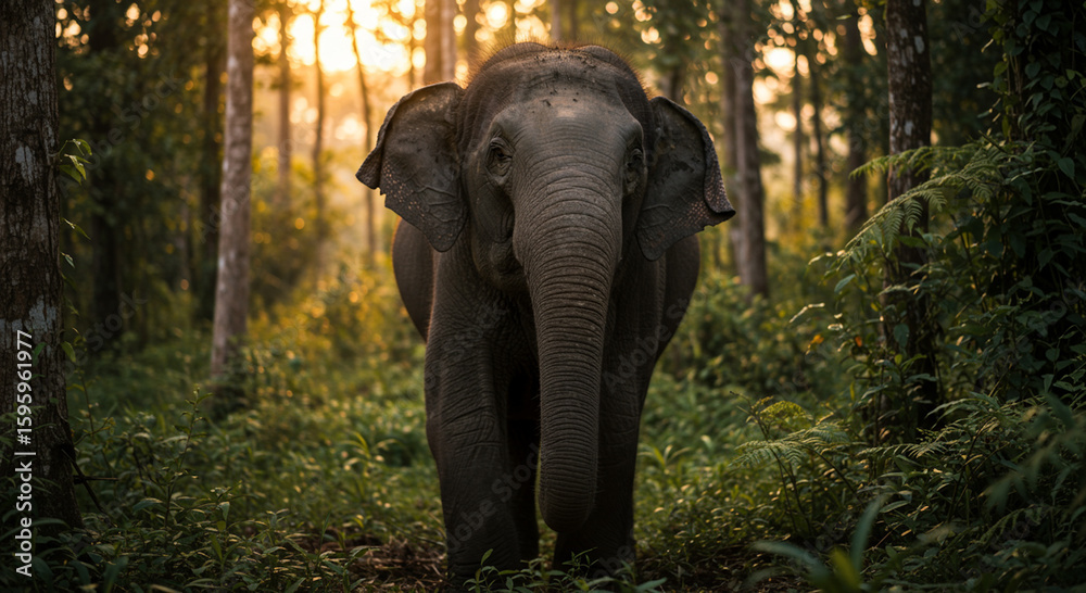 Fototapeta premium A majestic elephant walks gracefully through a dense forest, surrounded by tall trees and natural greenery. The soft sunlight filtering through the canopy highlights the elephant's textured skin and p