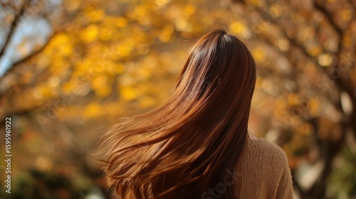 秋の風景を楽しむ美しい髪の女性