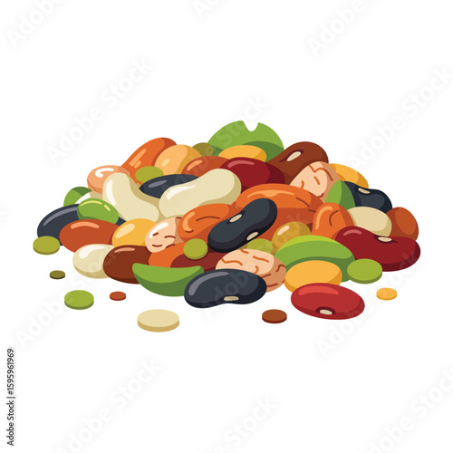 A colorful pile of assorted dried beans and legumes on a white background