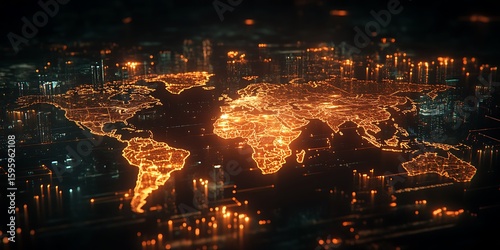 Glowing digital world map with interconnected global network and city lights technology connection